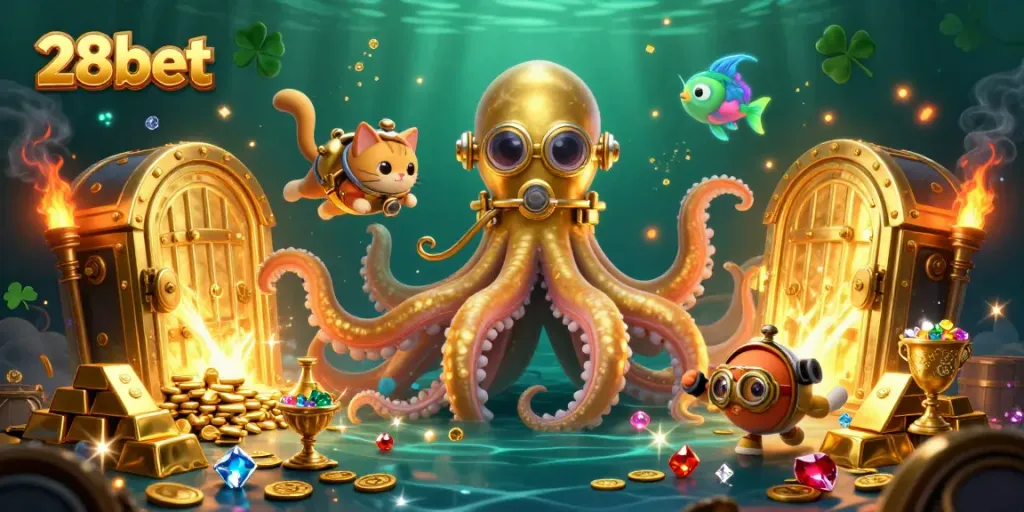 Experience gaming at 28bet with treasures from colossal kraken and divers in a vibrant casino scene.