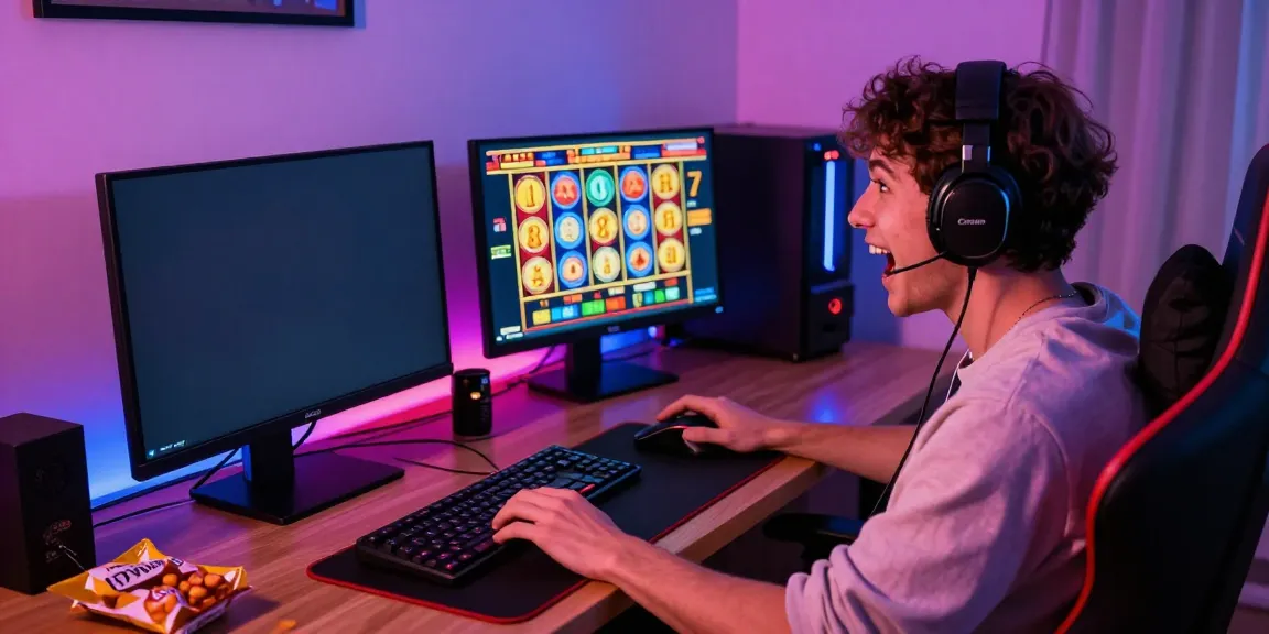 Engaged gamer playing slot games online surrounded by vibrant gaming accessories.