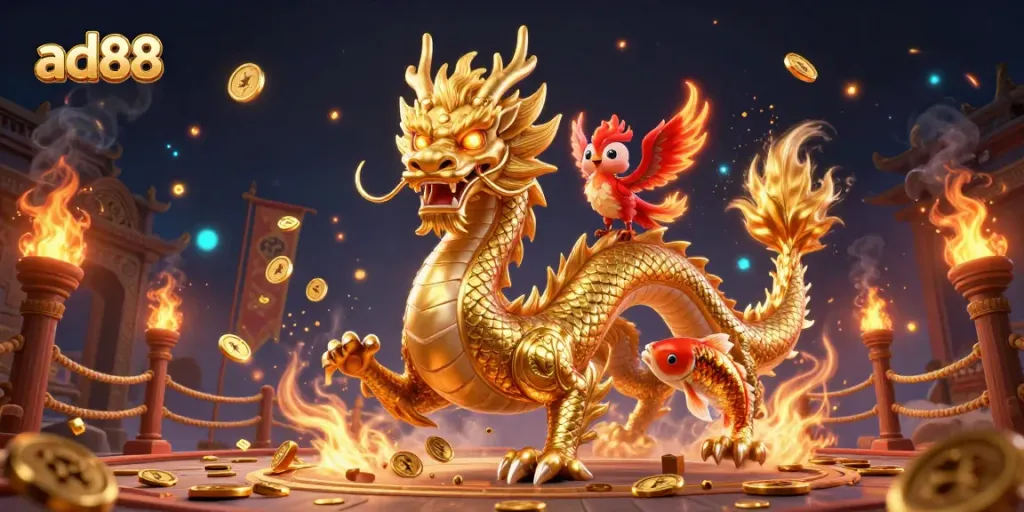 Engage with ad88's vibrant gaming atmosphere featuring a golden dragon, koi fish, and phoenix.