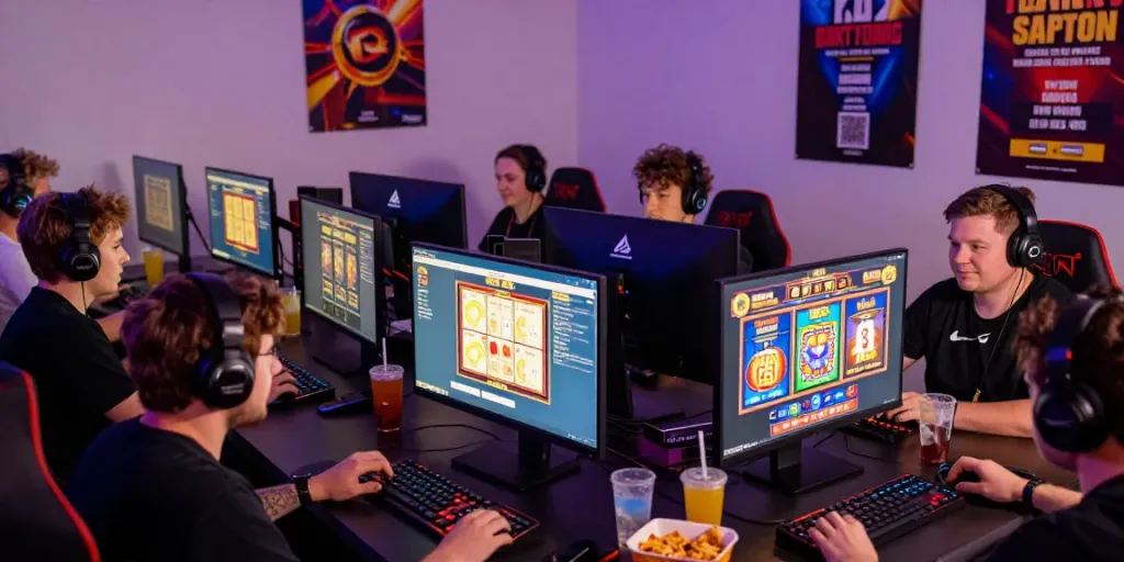 Luxury333 online gaming community showcasing players engaged in vibrant slot games with snacks and motivational visuals.