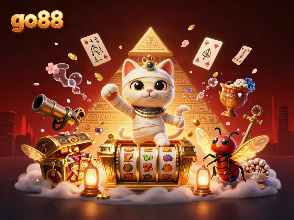 Play exciting casino games like slots with go88, featuring a 3D mummy cat and treasure elements.