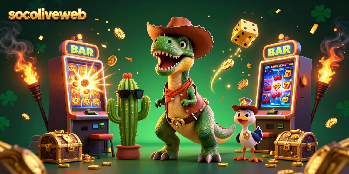 Experience the vibrant energy of socoliveweb with a T-Rex, a cactus, and a roadrunner in an exciting casino scene.