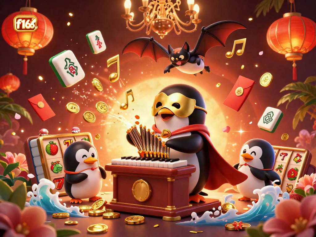 Engage with f168. thrills as a penguin plays winning tunes, gold coins cascade around an energetic casino scene.