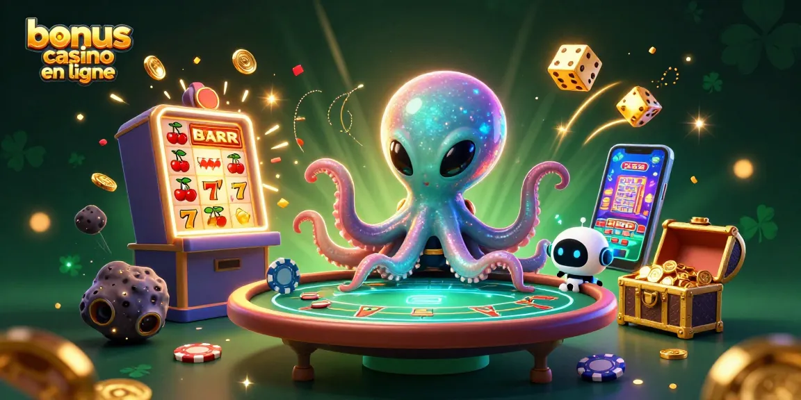 Gagnez avec le bonus casino en ligne dans un univers de jeu animé, entouré de machines à sous et de jackpots.