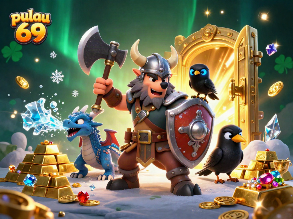 Engage with the excitement of pulau 69 under the watch of a Viking wolf and dragon in a treasure-filled scene.