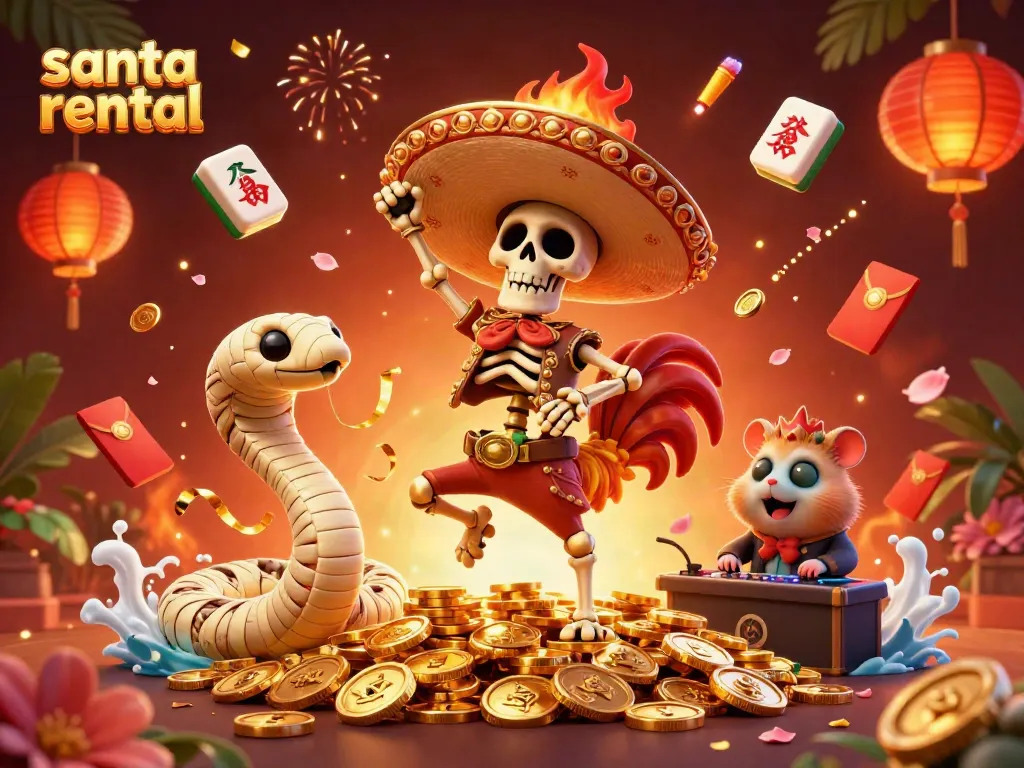 Experience joy with santa rental characters celebrating amidst vibrant casino elements.