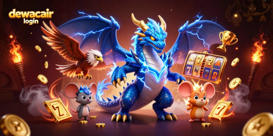Engage with dewacair login through an exciting 3D illustration featuring a thunder dragon and playful casino elements.