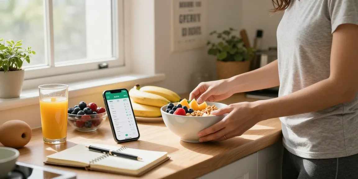 The best nutrition app displayed on a smartphone alongside a healthy breakfast preparation scene.