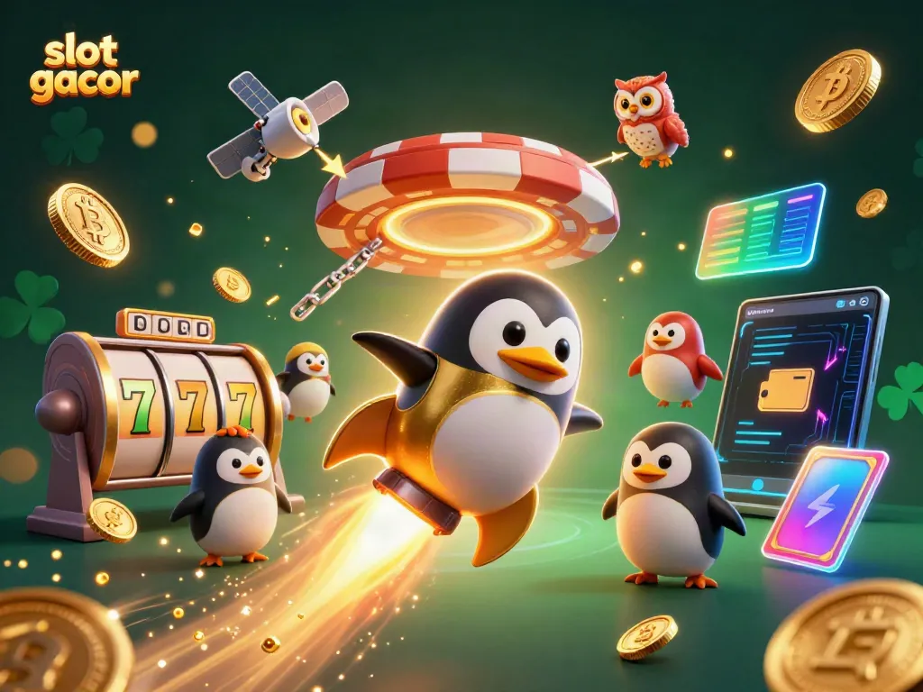 Engage with slot gacor excitement through a vibrant 3D illustration featuring a golden penguin and casino elements.