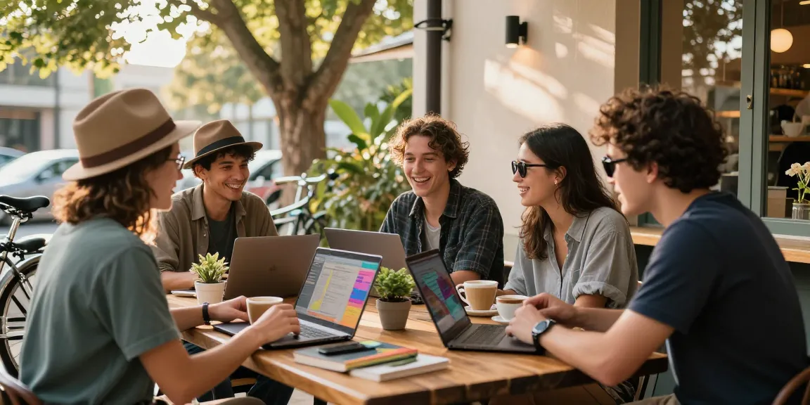 Young professionals discussing Motchill ideas over coffee in a cozy café.
