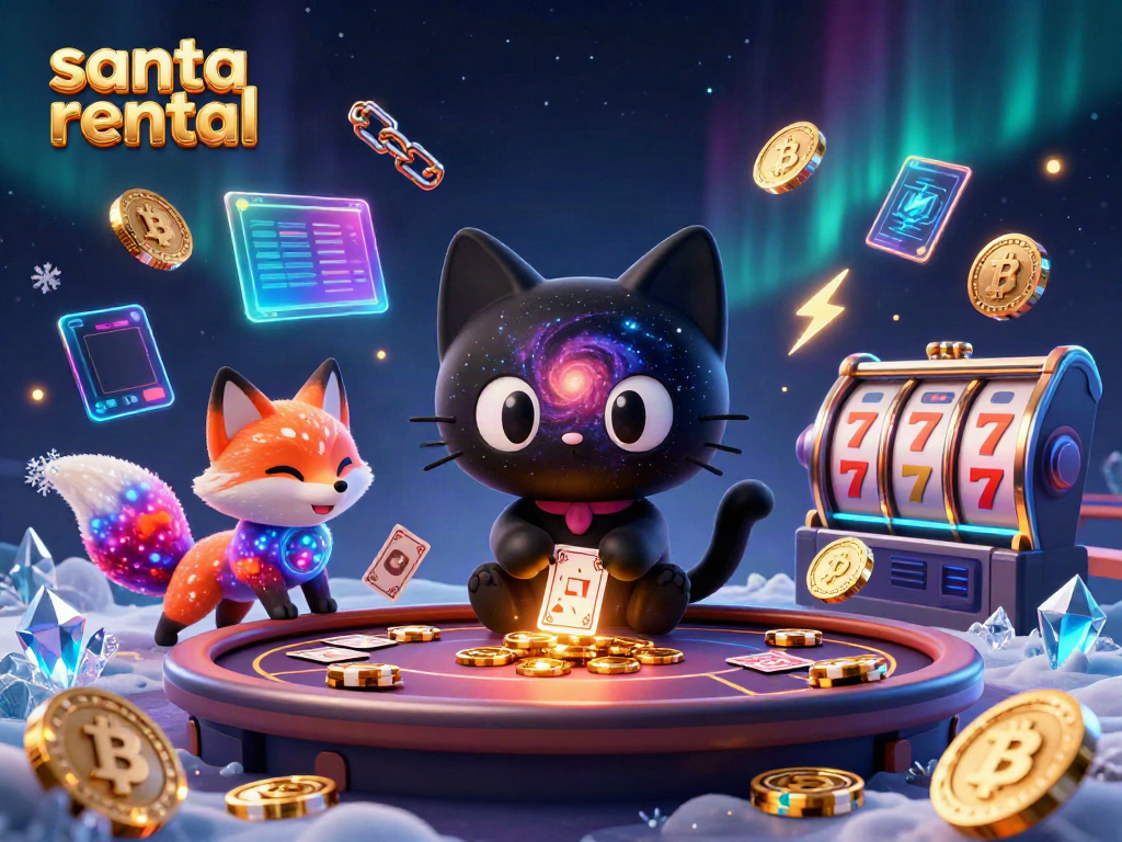 Experience the magic of renting Santa at a festive cosmic casino with detailed 3D illustration featuring unique elements.