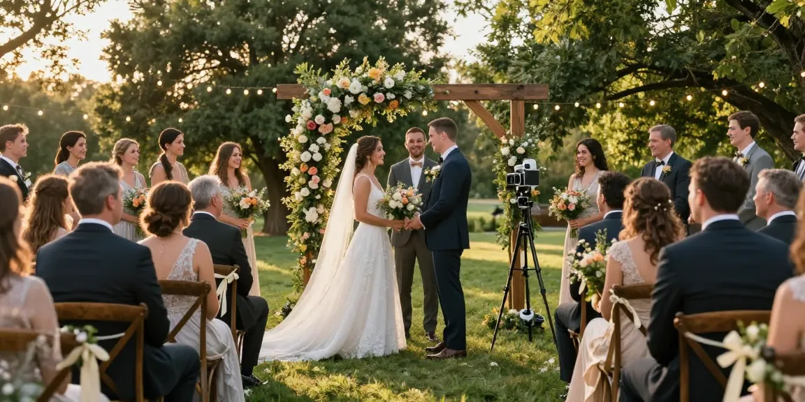 Documentary wedding photographer in Dunedin capturing a couple exchanging vows under a floral arch.