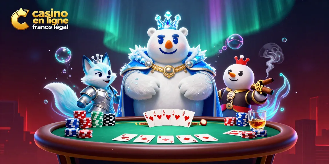 Des jeux captivants au casino en ligne légal en France, avec des cartes de poker et un roi polaire en scène.