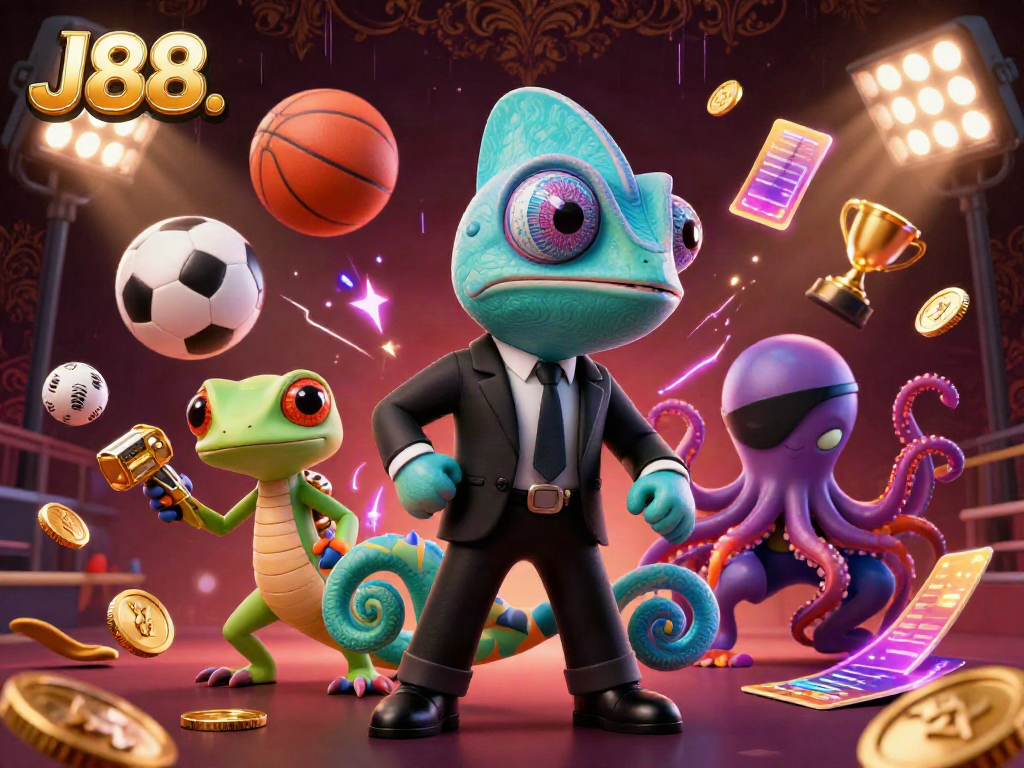 Engage with J88's vibrant casino adventure featuring colorful characters, dynamic sports elements, and rich visual effects.