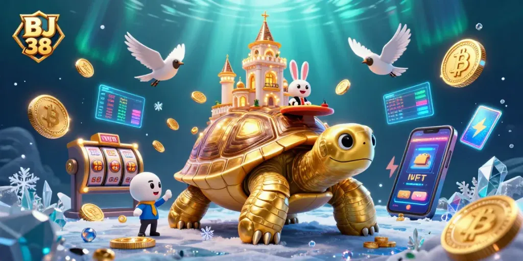 Play thrilling casino games at BJ 38 with a golden tortoise and rabbit dealer in a dynamic, vibrant scene.