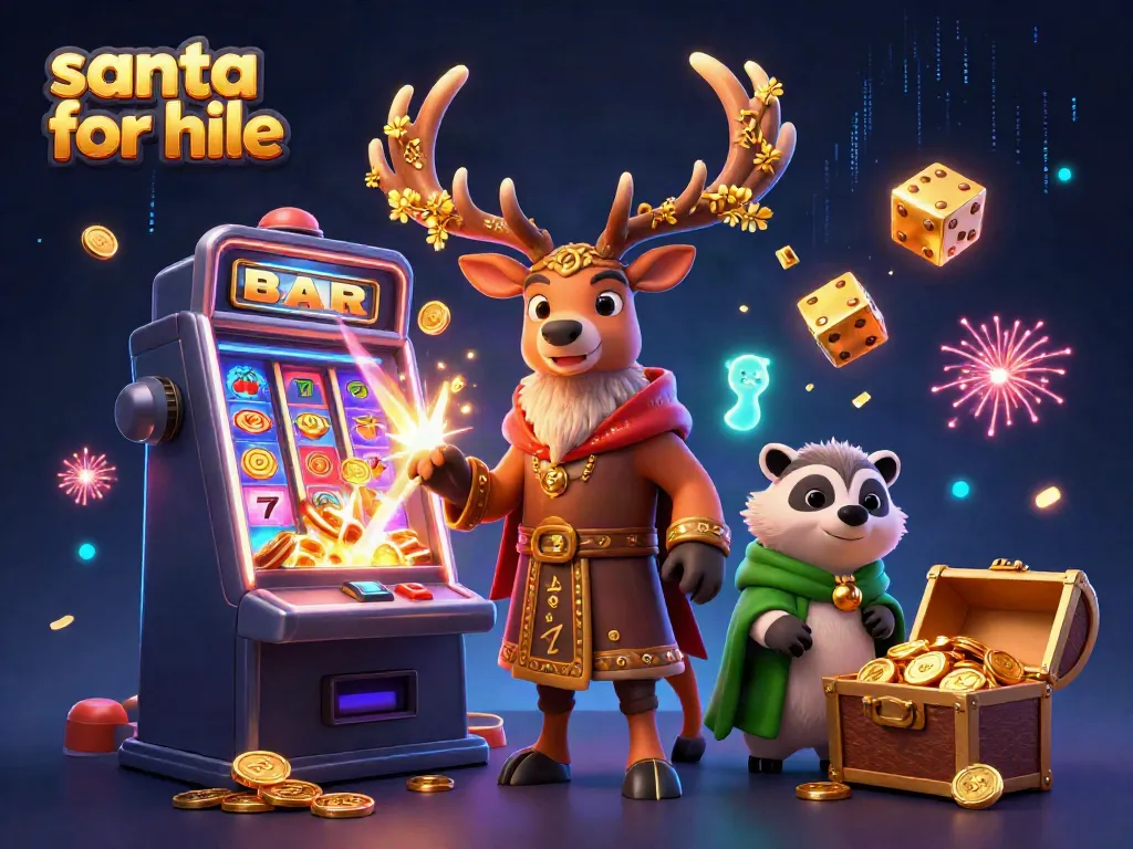 Engaging Santa for hire scene with dynamic casino elements, jackpot explosions, and festive characters.