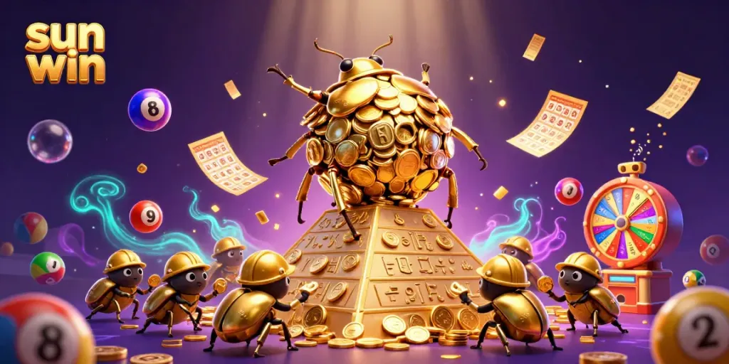 Experience the excitement of sun win as a golden dung beetle rolls a treasure ball of coins amidst colorful lottery elements.