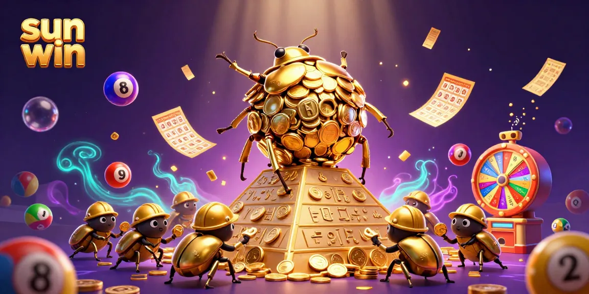 Experience the excitement of sun win as a golden dung beetle rolls a treasure ball of coins amidst colorful lottery elements.