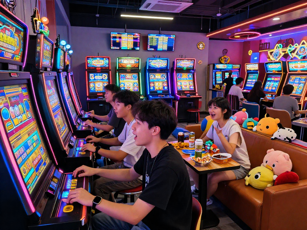 Friends enjoying exciting slot games in a lively arcade setting