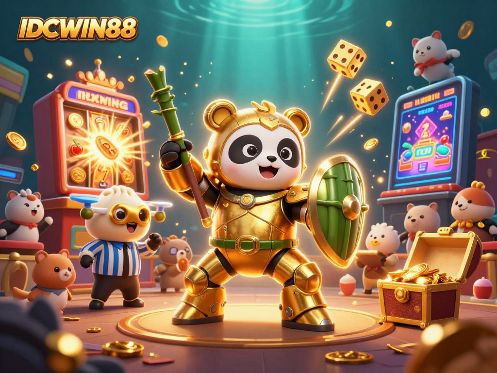 Engage with IDCWIN88 in an electrifying casino scene featuring dynamic slot game elements and vibrant characters.