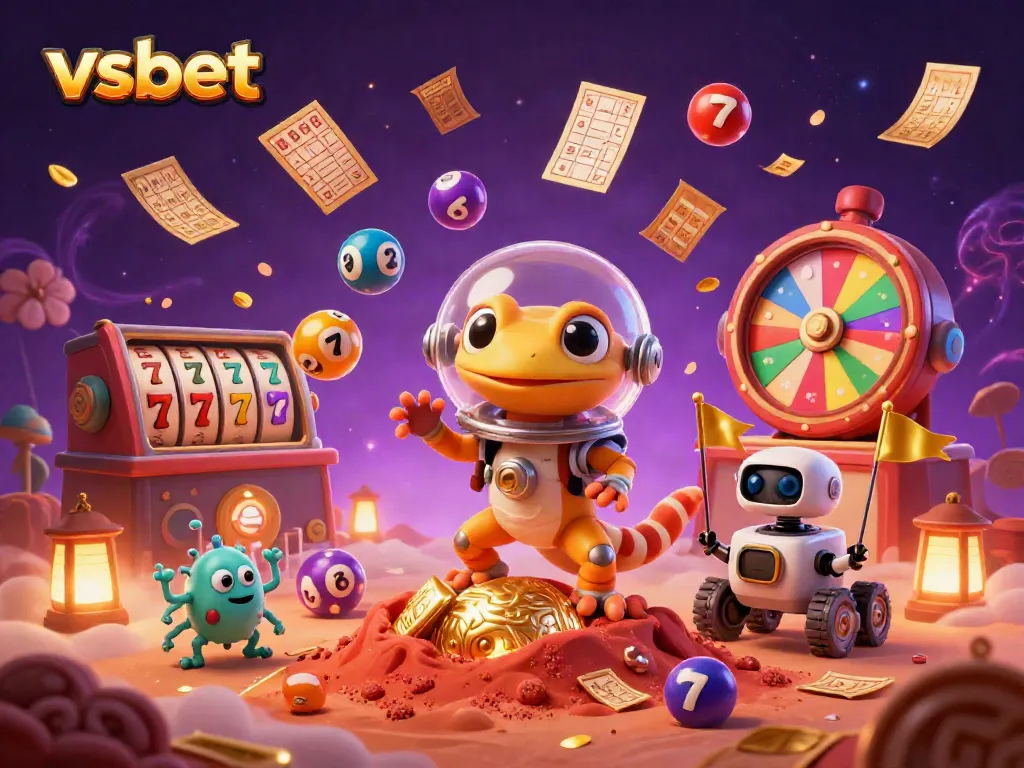 Join the fun at vsbet with vibrant cartoon characters in a lively casino scene filled with exciting game elements.