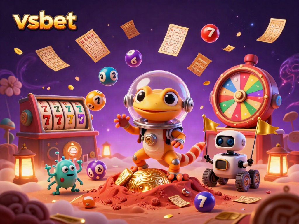 Join the fun at vsbet with vibrant cartoon characters in a lively casino scene filled with exciting game elements.