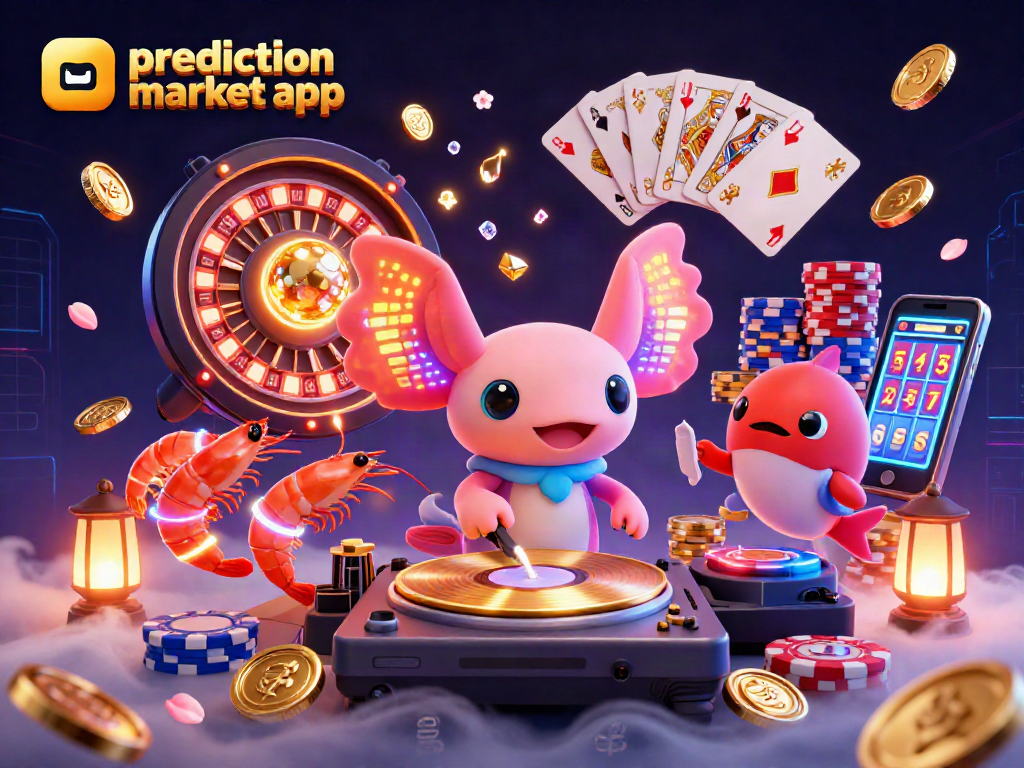 Experience the thrill of the prediction market app with vibrant casino elements and energetic characters.