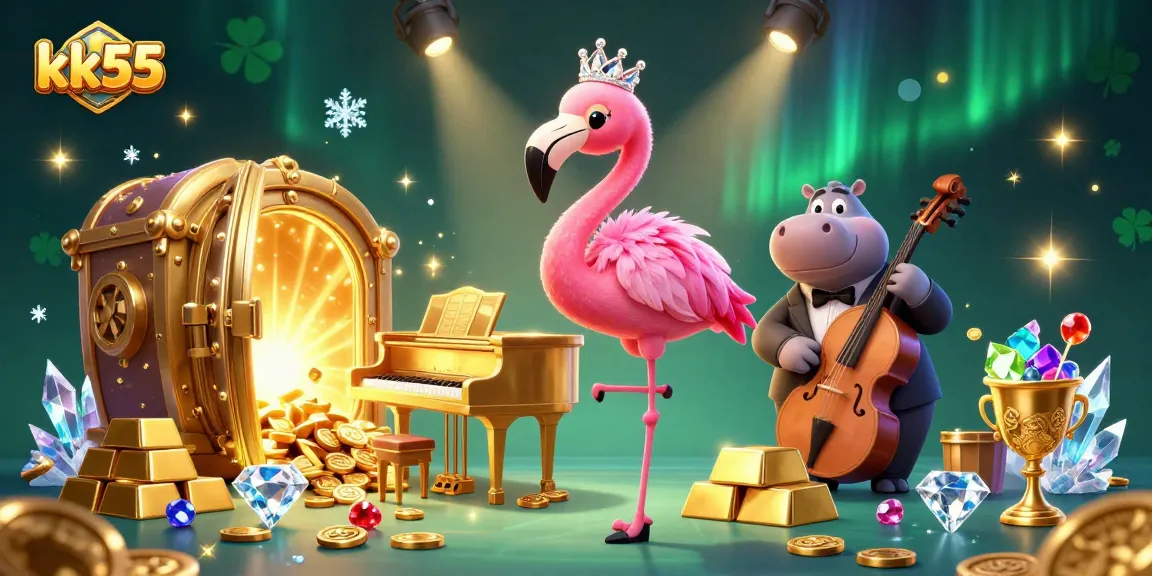 Experience thrilling gaming at kk55 with vibrant characters like a flamingo singer and hippo bassist, surrounded by treasures.