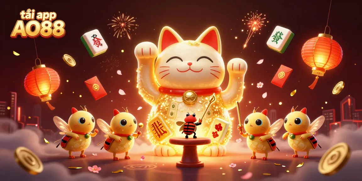 Experience the excitement of the casino world with tải app AO88 featuring a giant lucky cat and dynamic gaming elements.