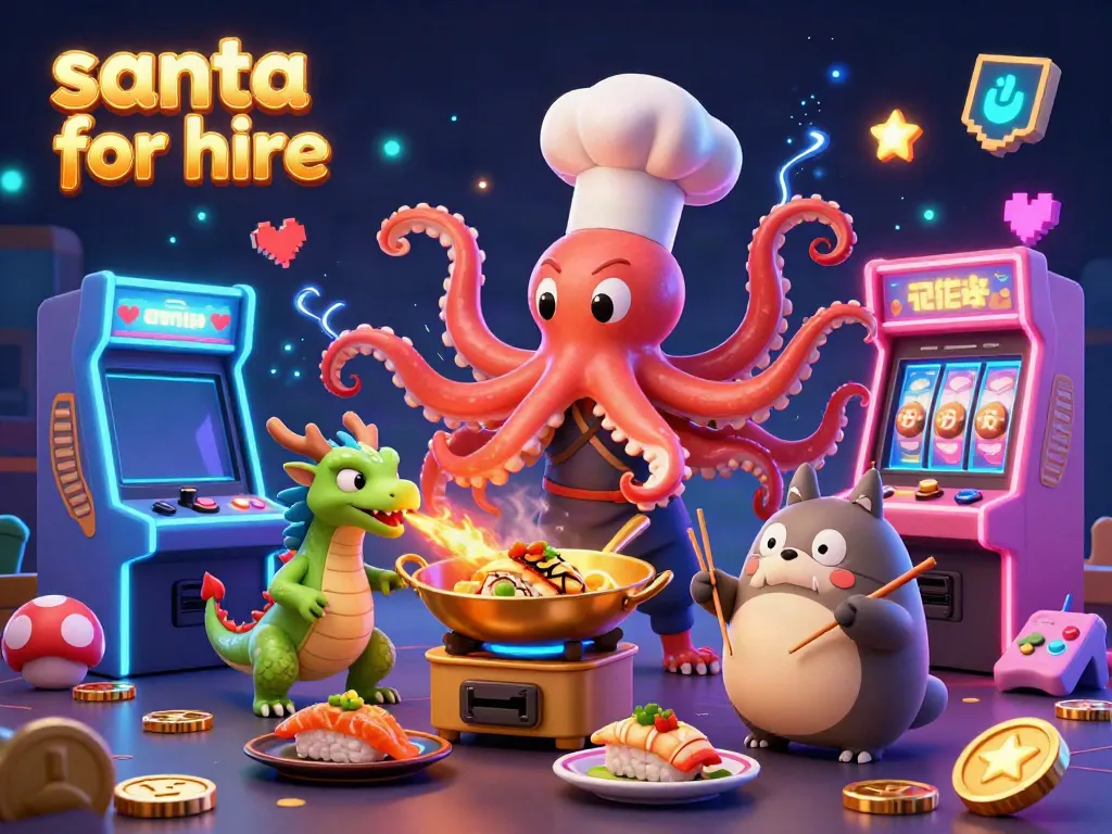 Engage with festive excitement through our dynamic "santa for hire" illustration, highlighting casino-themed thrill.