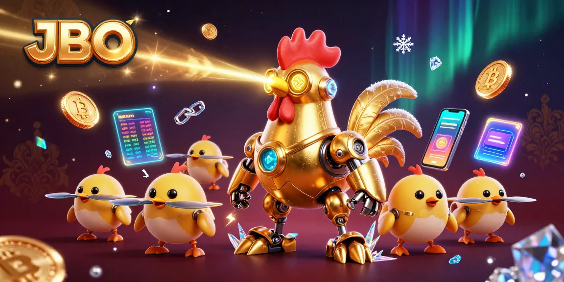 Experience exciting gameplay at JBO with a vibrant 3D illustration of a golden rooster robot.