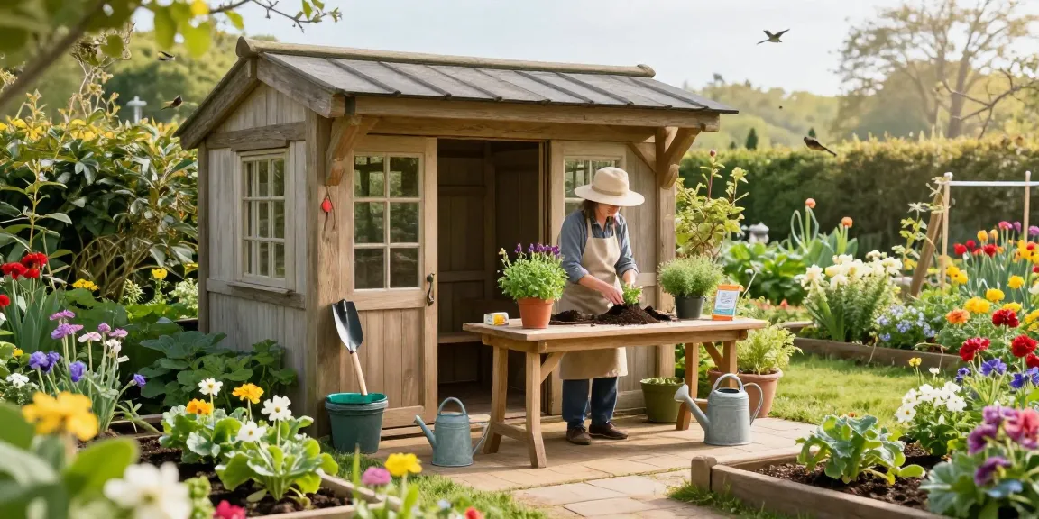 Shire potting sheds with a gardener potting herbs in a sunlit garden.