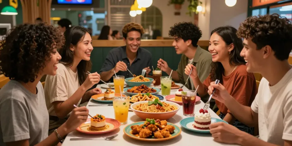 Millennials enjoying viral dishes at ROKOK88 restaurant, showcasing rokok88 link in a lively atmosphere.