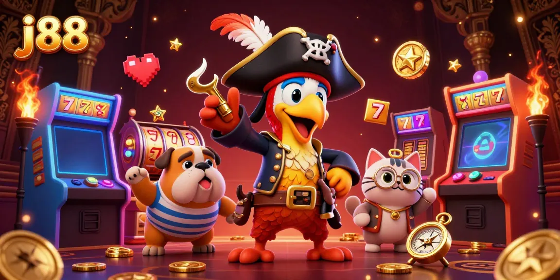 Engaging j88 pirate-themed casino scene with characters and vibrant slot elements.