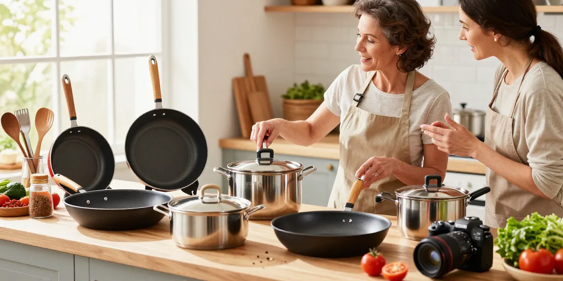 CookWare Price in Bangladesh showcased with various cookware types on a kitchen countertop; a cook examines options.