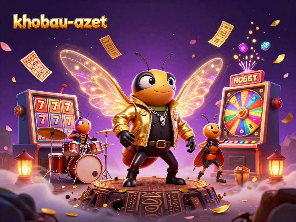 Feel the excitement of khobau-aztec as characters bring slot reels and vibrant prizes to life in a dynamic illustration.