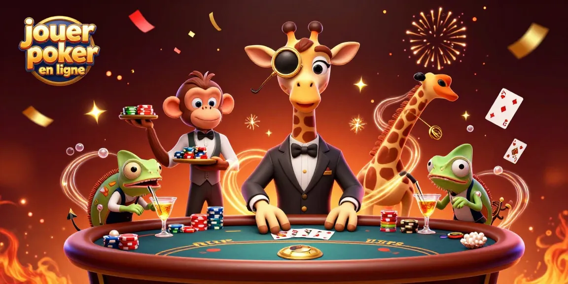 Jouer au poker en ligne avec une girafe, un valet singe et un barman caméléon dans une scène dynamique