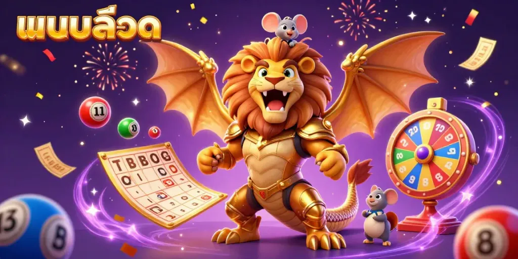 Experience the thrill of แบบสล็อต with vibrant slot elements and a triumphant chimera creature.