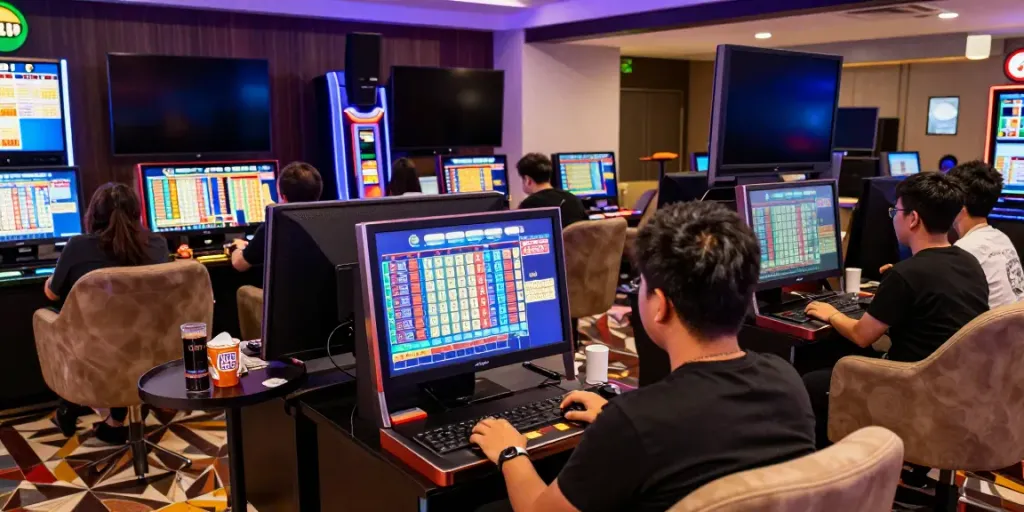 Players engaging in togel online betting with vibrant screens and dynamic atmosphere.