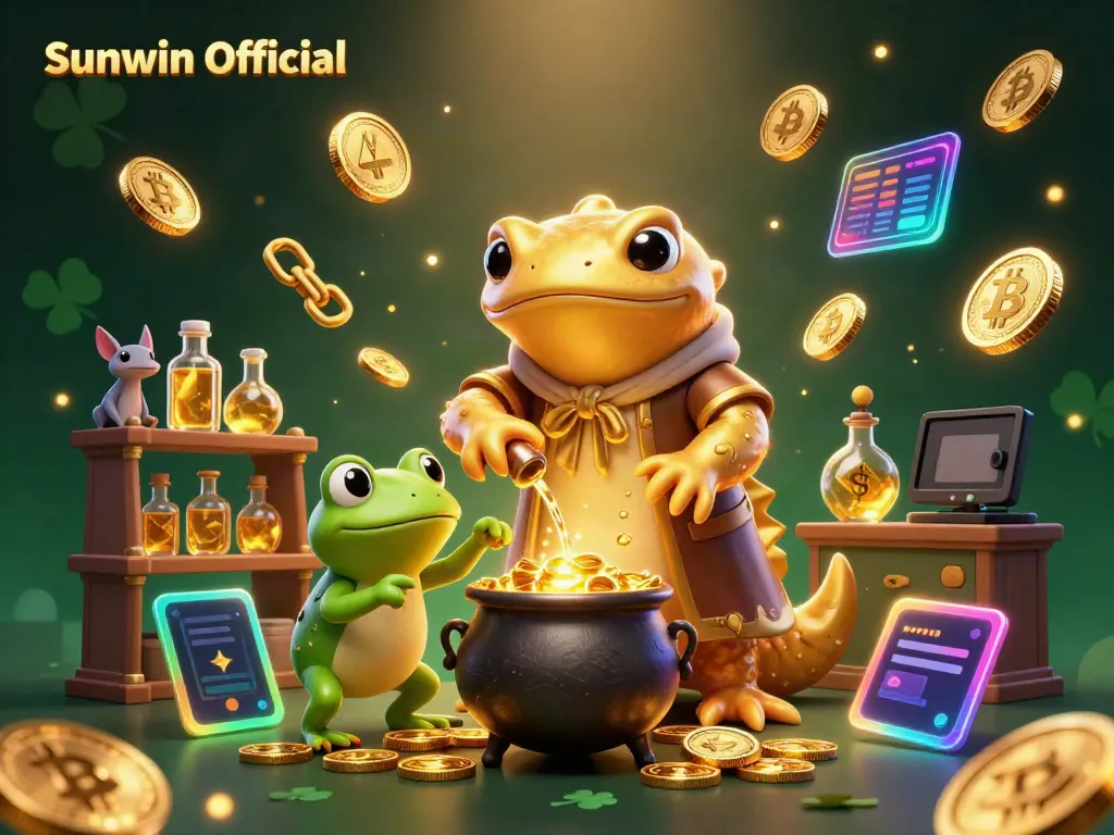 Experience the magic of Sunwin Official as the golden salamander alchemist transforms elements into gold coins in a vibrant casino world.