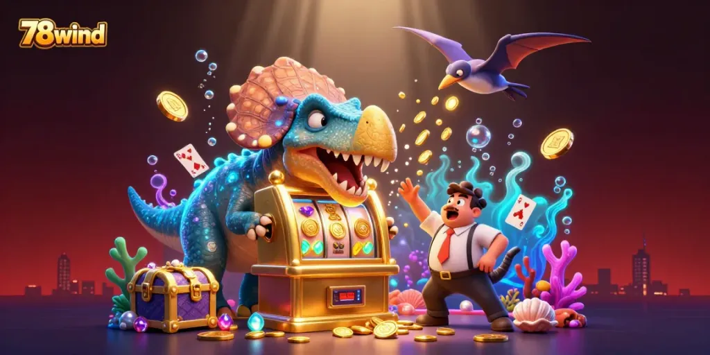 Experience exciting casino action with 78wind as a dino triggers slot machine jackpots.
