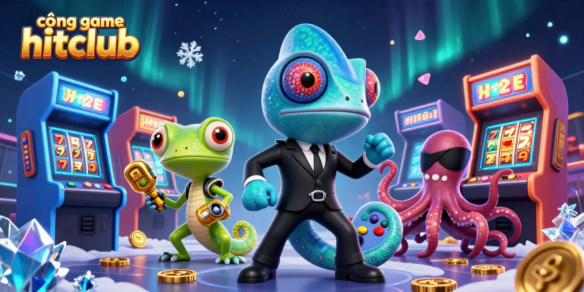 Engage with cổng game hitclub through lively 3D illustration featuring vibrant casino elements and characters.