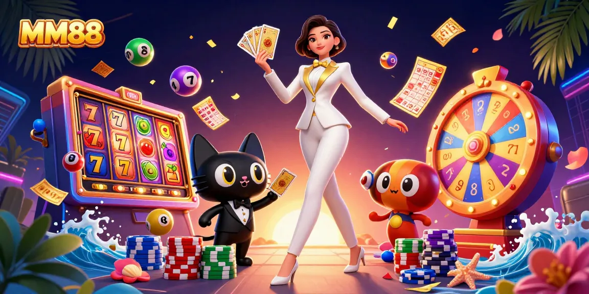 Experience thrilling gameplay at MM88 with a glamorous dealer, poker cards, and vibrant casino elements.