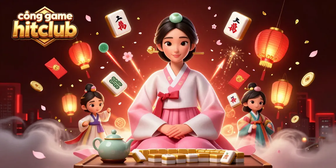 Engage with the dynamic cổng game hitclub showcasing a serene Asian woman amidst festive gambling elements.