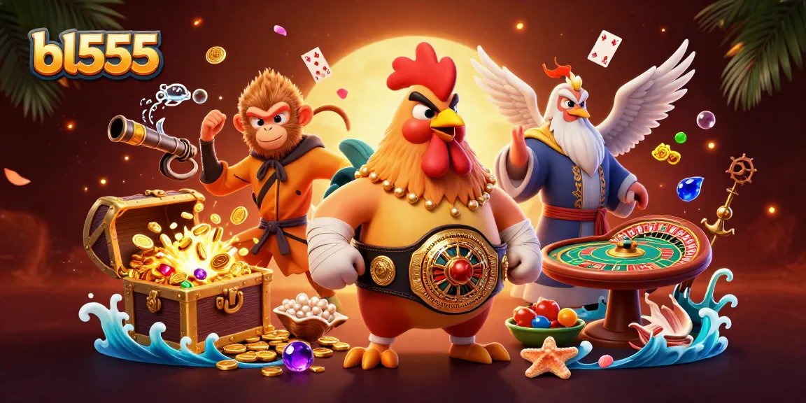 Experience thrilling action at BL555 with a fierce rooster, Shaolin monkey, and wise crane surrounded by casino elements.