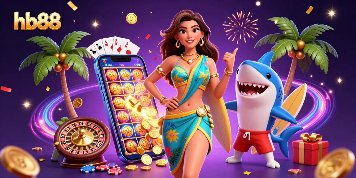 Experience thrilling gaming at hb88 with vibrant slot games and playful characters in a dazzling illustration.