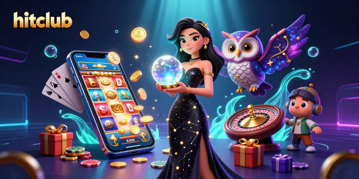 Engage with hitclub's thrilling gaming experience featuring vibrant slot games amidst a mystical scene.