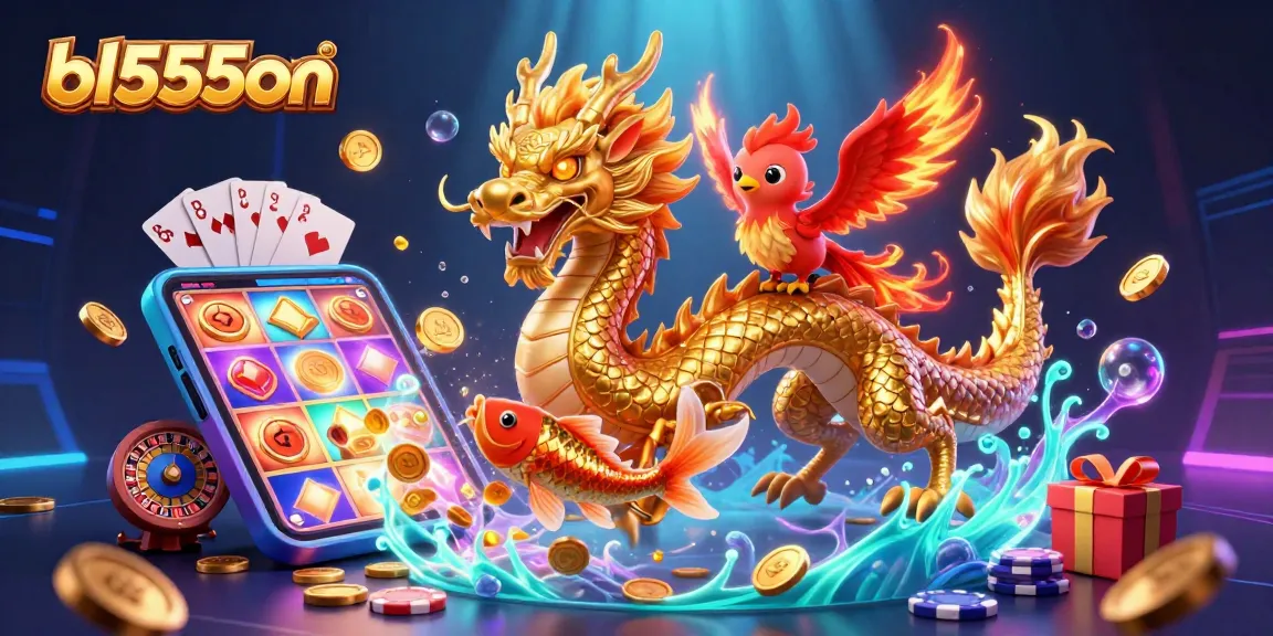 Play slots and win at bl555on with a vibrant scene of luck featuring a dragon and phoenix.