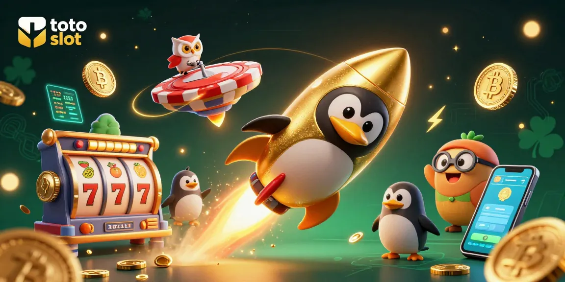 Experience the excitement of toto slot through a vibrant 3D illustration showcasing a golden penguin and dynamic casino elements.