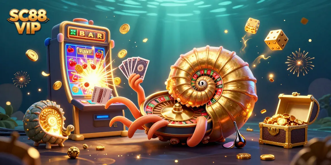 Experience SC88 VIP with an energetic 3D illustration of a giant nautilus roulette wheel and casino elements.